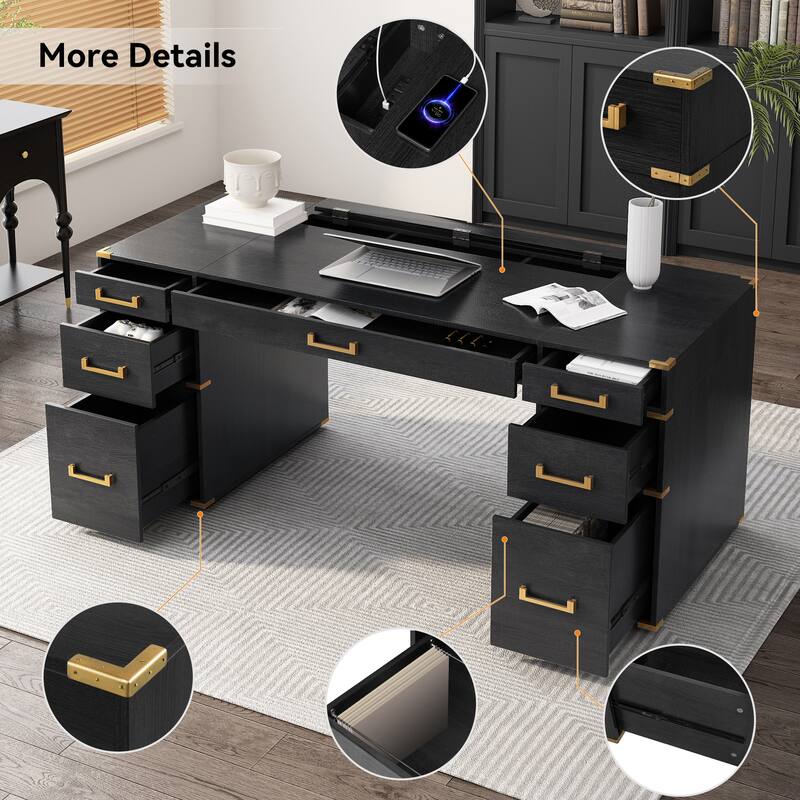 70" Traditional Executive Desk with Metal Trim, 2 File Drawers, USB Ports & Hidden Compartment