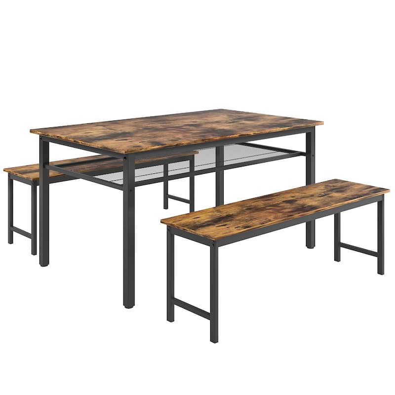 3-Piece Farmhouse Kitchen Table Set with Two Benches, Metal Frame, and MDF Board