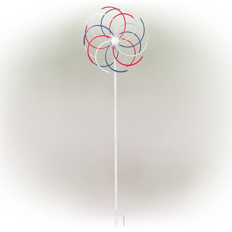 Alpine Corporation 68" Tall Outdoor Solar Powered Patriotic Dual Windmill Spinner Stake Yard Decoration, Red, White, and Blue