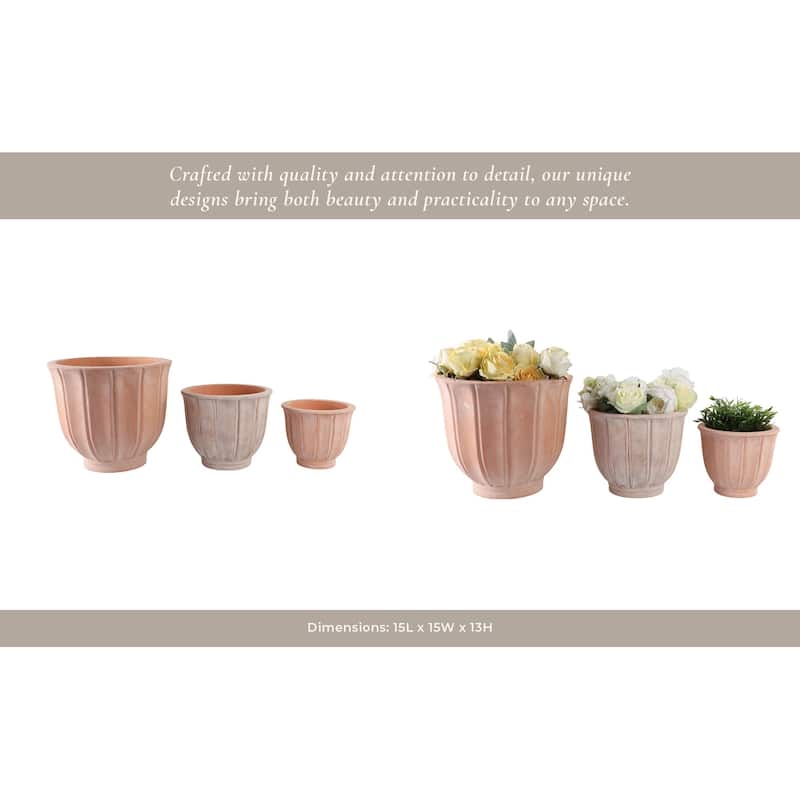Pottery Clay Planters with Petal Ribbed Detailing (Set of 3) - 15" x 15" x 13"