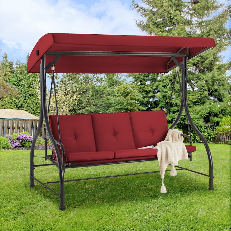 AECOJOY 3-Seat Outdoor Porch Swing w/ Canopy Outdoor Swing Bed - Red