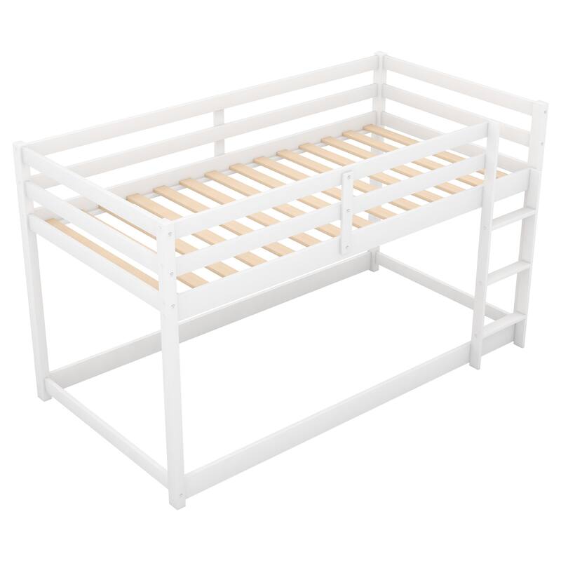 Low Profile Twin Over Twin Bunk Bed with Ladder, White, Solid Wood, Space-Saving Design
