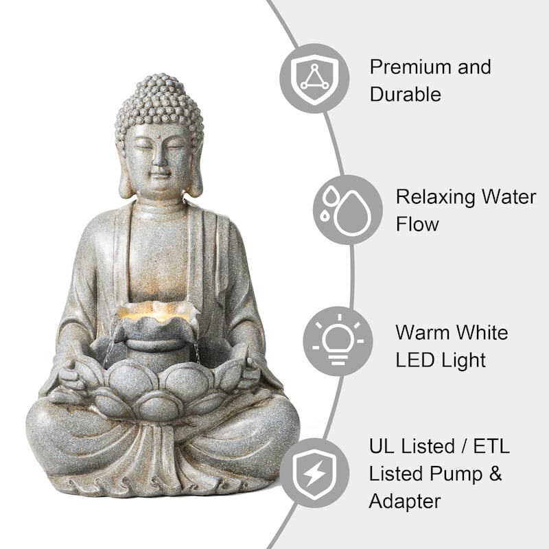 Glitzhome 28.25"H Zen Style Meditating Buddha Statue Patio Fountain with LED Lights - 28.25"