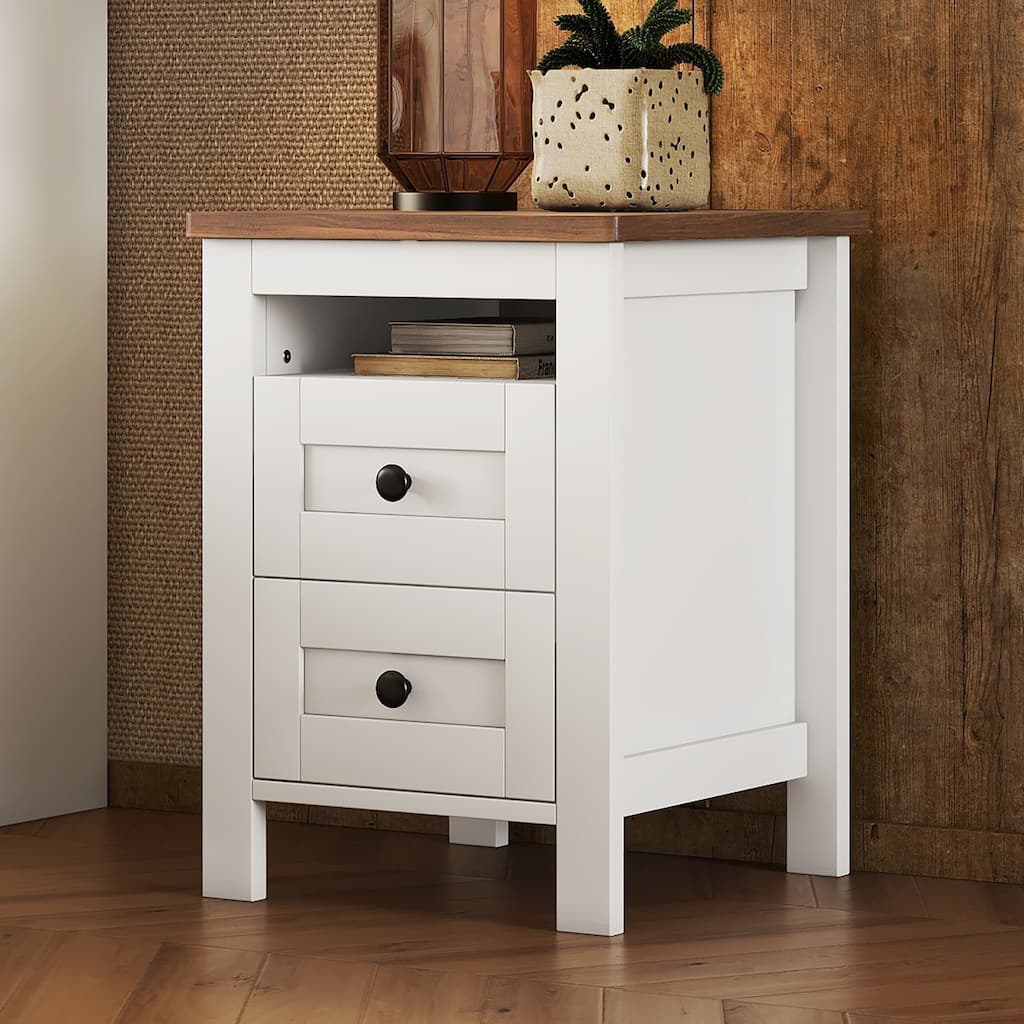 2-Drawer Farmhouse Wooden Nightstand with Storage Cabinet, White+Brown