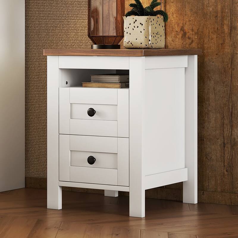 Farmhouse 2-Drawer Wooden Nightstand - Well-Proportioned Design + Storage Cabinet for Bedroom (White & Brown)