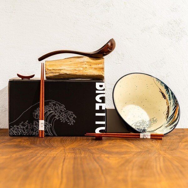 Japanese Ramen Bowl Set with Great Wave Design 60oz Large Ceramic