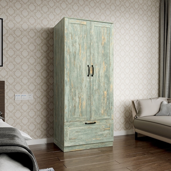 Vintage Wooden Wardrobe with Drawers and Open Compartments, Rustic