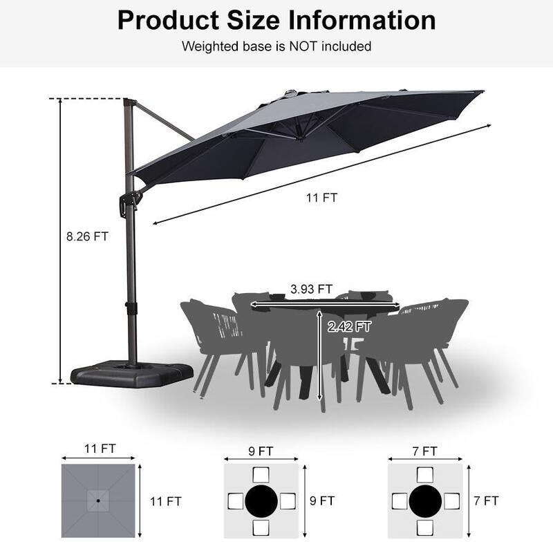 PURPLE LEAF Round 360 Degree Rotation Patio Cantilever Umbrella - 11ft-Grey