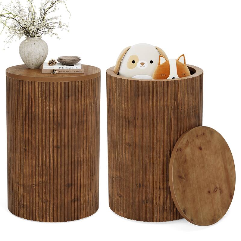 Solid Wood Round Side Table with Storage, 4 Wheels, Fully Assembled - 2