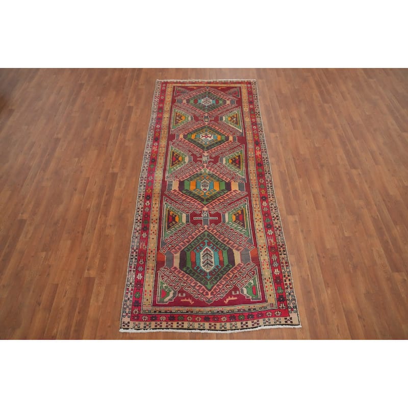 Hand Knotted Oriental 100% Wool Carpet Traditional Tribal Red Ardebil Runner Rug - 9' 4'' X 3' 9''