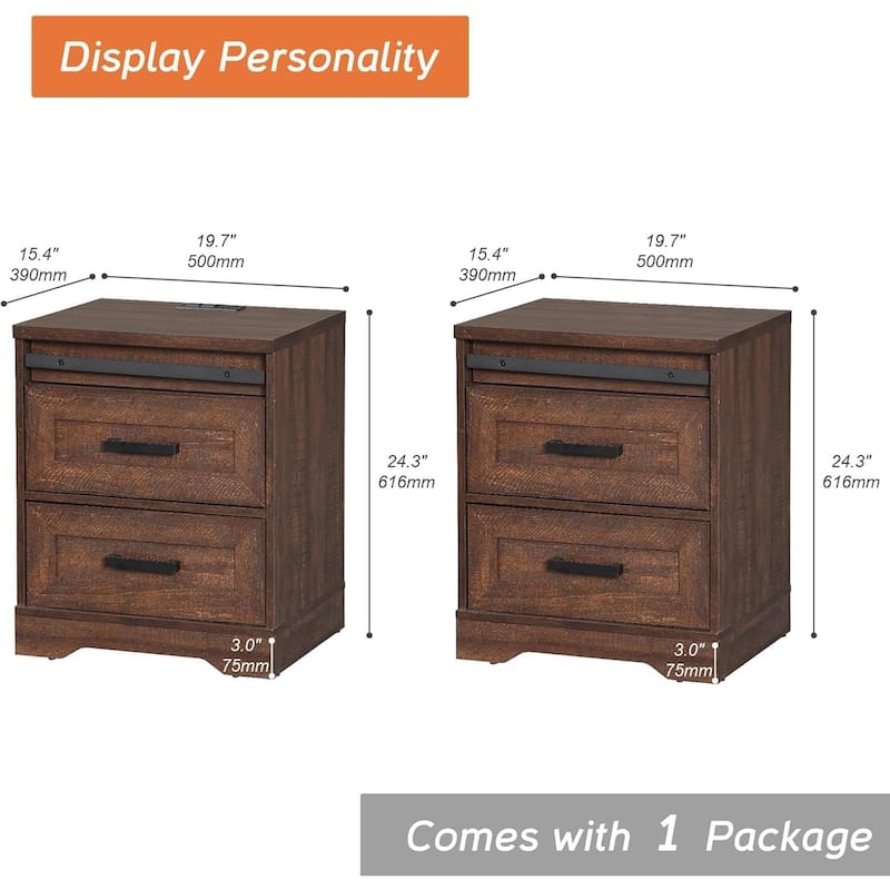 24.3-inch Tall Farmhouse Nightstand Set of 2 with Charging Station