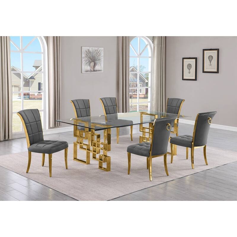 Best Quality Furniture D223/4-SC320-7 Dining Set with 95" 15mm Glass - 7-Piece - Dark Grey / Gold