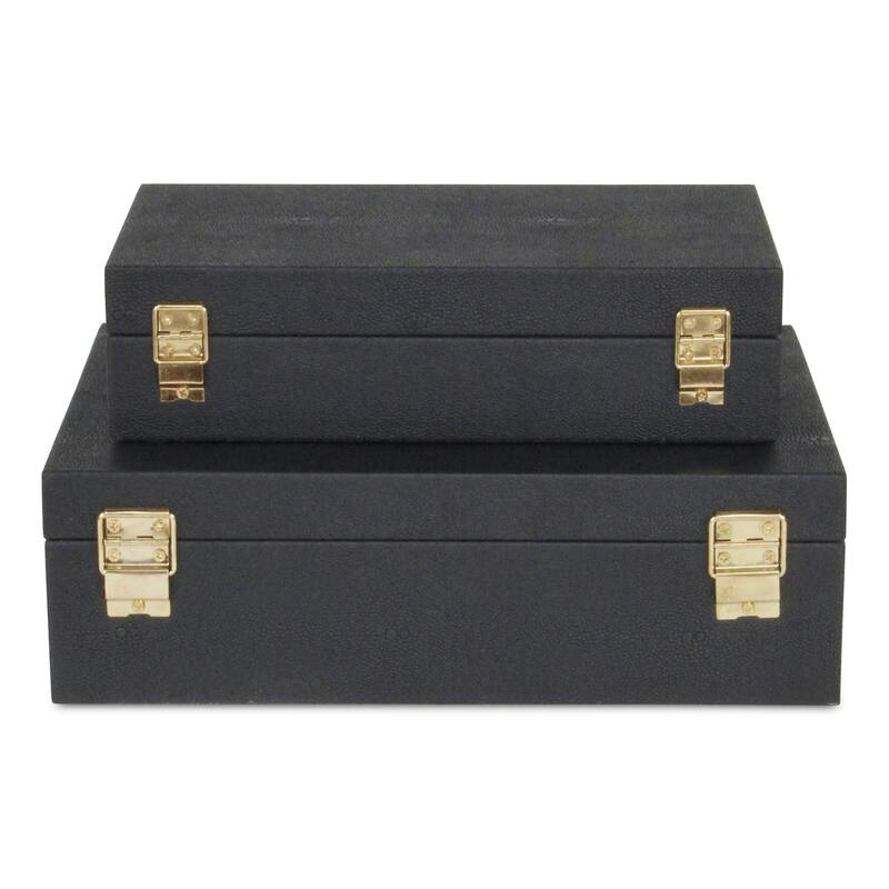 Set of 2 Black Rectangular Faux Shagreen Decorative Box with Handles 11.75"