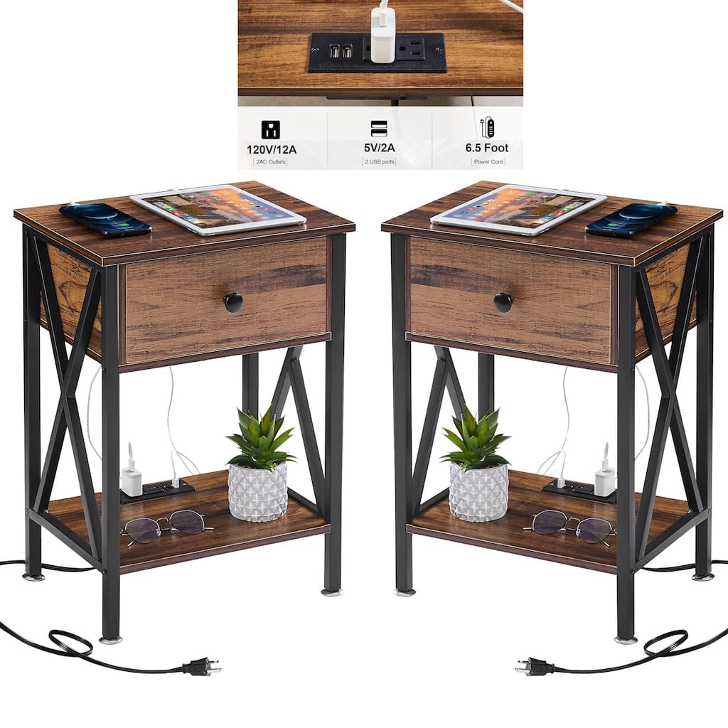 VECELO Mid Century Brown Nightstand with Charging Station and USB Port