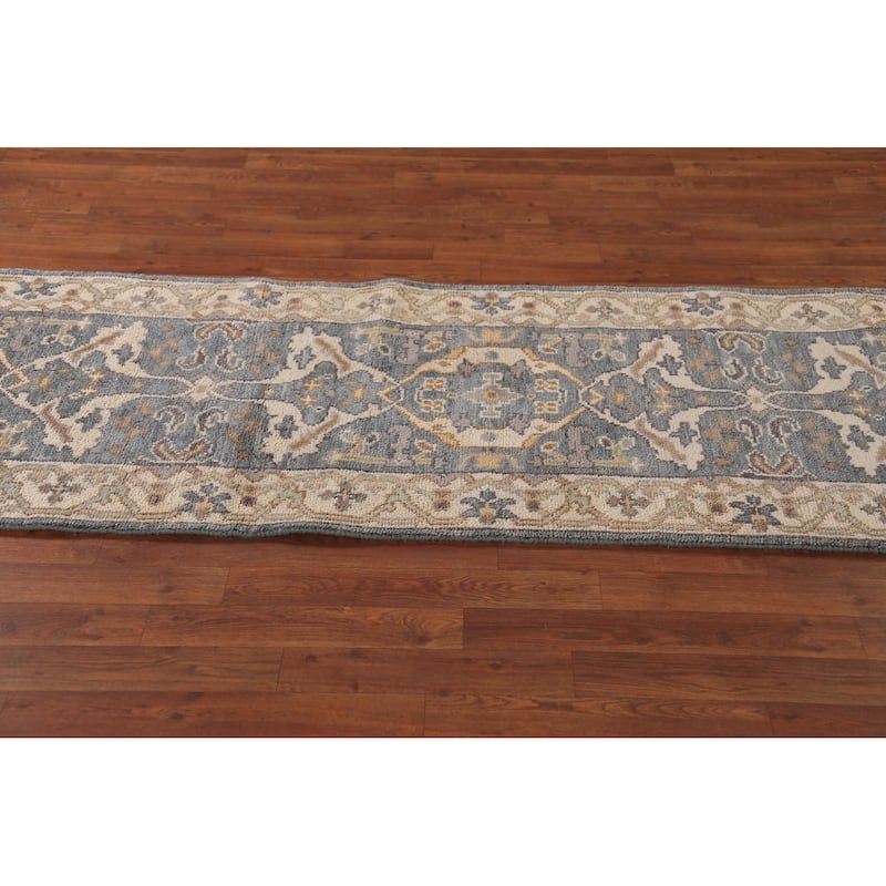 Light Blue Oushak Oriental Runner Rug Hand-Knotted Floral Wool Carpet - 2'7" x 9'11"