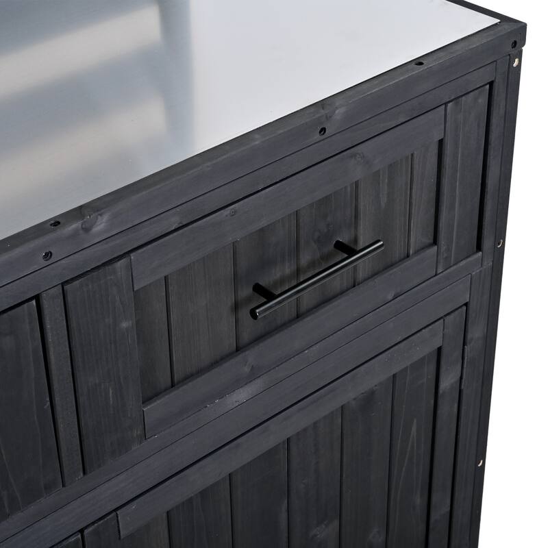 Solid Wood 64.9''Tall Outdoor Kitchen Island Kitchen Cart, Garden Potting Bench with Stainless Table Top for BBQ