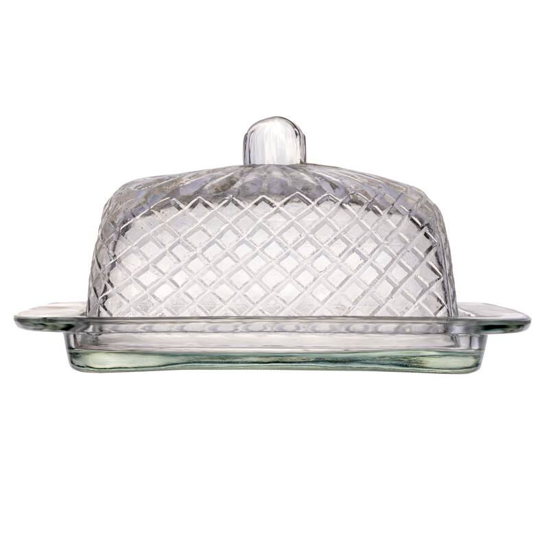 Embossed Reclaimed Glass Butter Dish - 6.8"L x 5.0"W x 3.5"H
