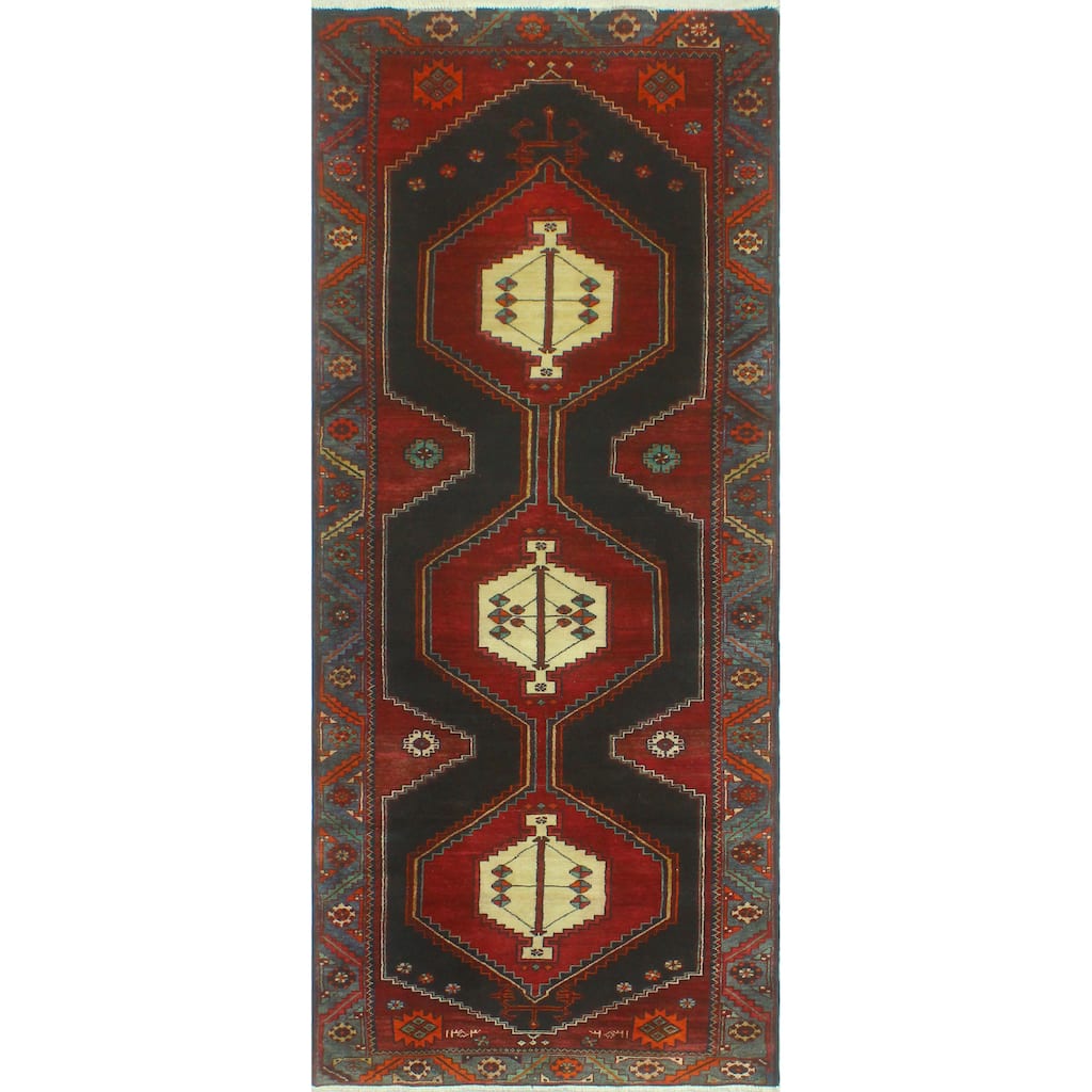 Fine Vintage Distressed Afaaq Burgundy/Charcoal Runner - 3'8" x 9'0"