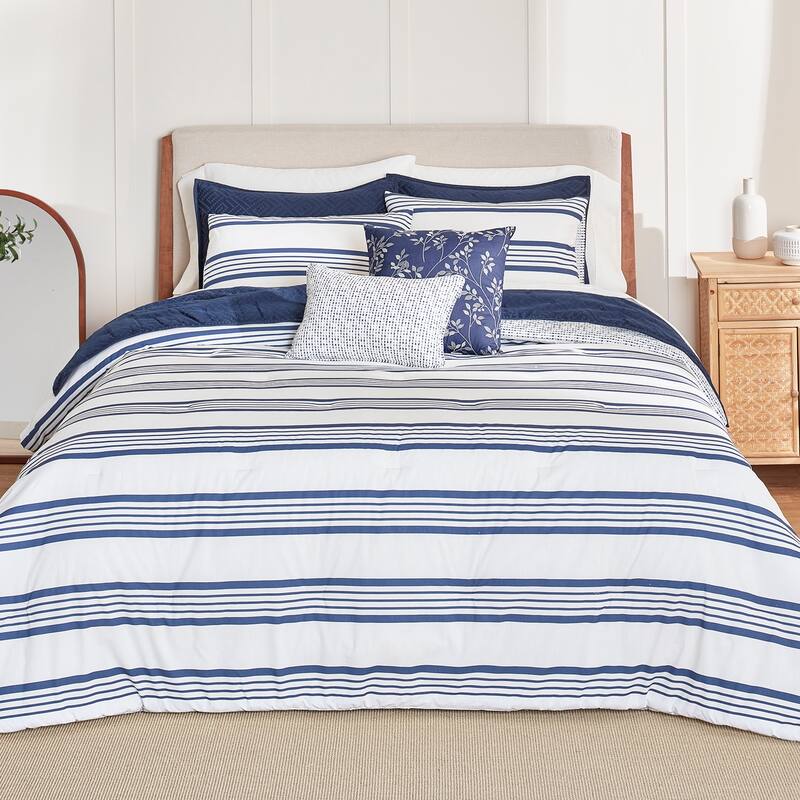 Anne Klein Archer Stripe Cotton Blend Reversible 5-Piece Comforter Set - Full - Queen