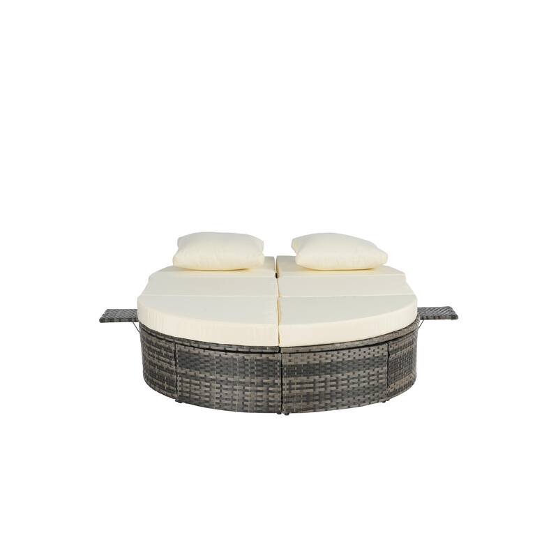 Outdoor Patio Rattan Round Daybed Sunbed with Adjustable Backrests and Foldable Cup Trays