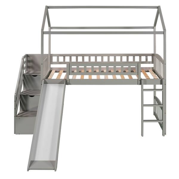 slide 2 of 12, Twin House Loft Bed w/ 2 Drawers and Slide, Storage Staircases, Gray Gray - Twin