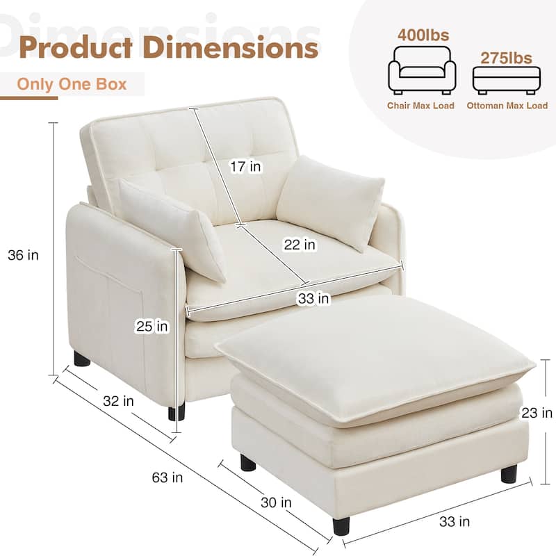Upholstered Chenille Oversized Accent Armchairs with Ottoman and Side Pocket