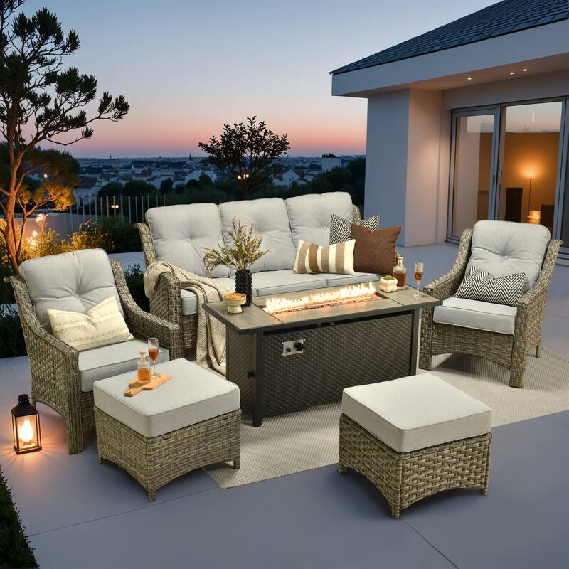 XIZZI 7-Piece Patio Seating Set with Cushions and Fire Pit Table - Grey