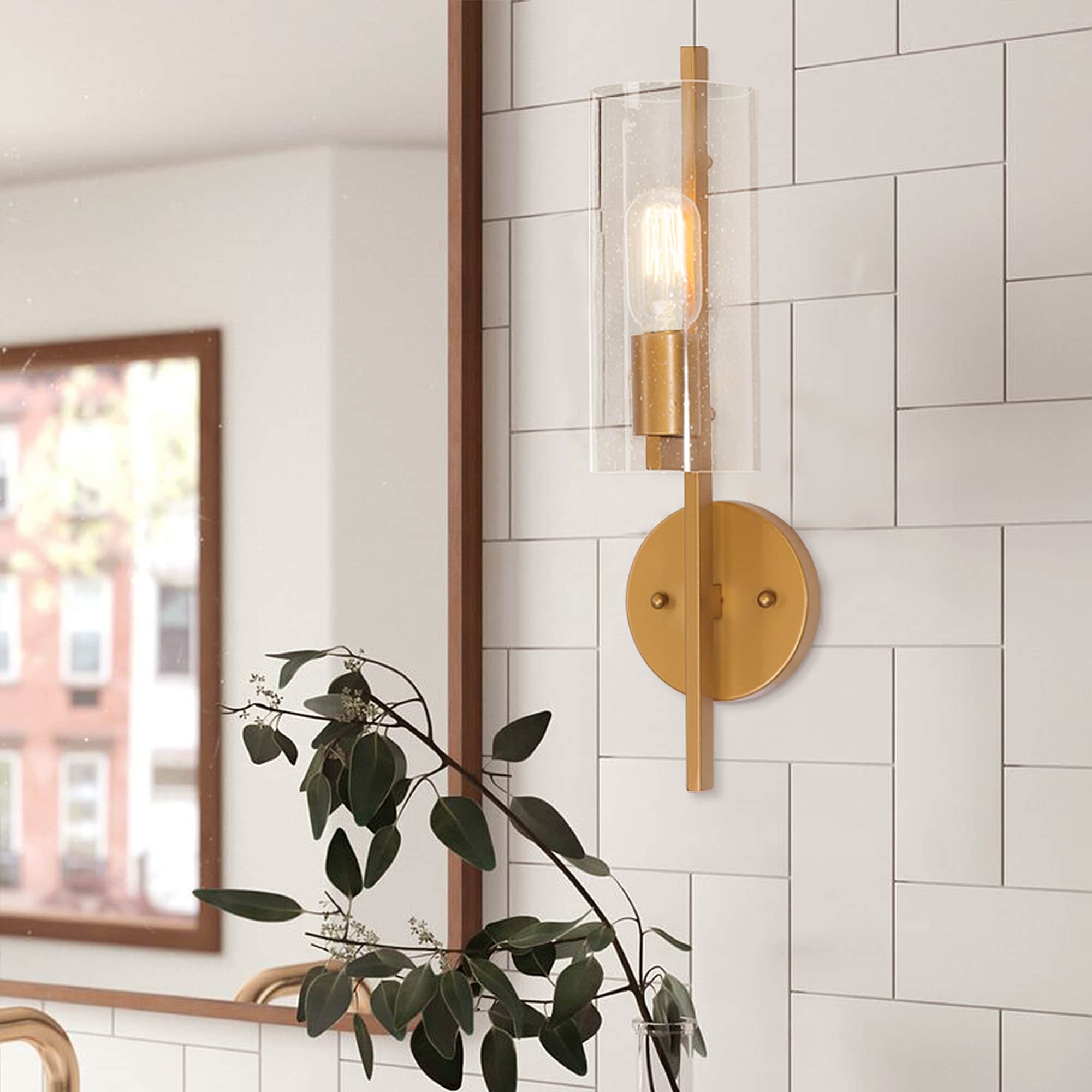 Modern 1-Light Gold Seeded Glass Cylinder Wall Sconces Dimmable Bathroom Vanity Lights