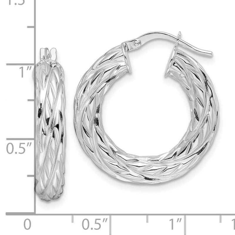 Curata 14k White Gold Polished Woven Texture Round Hoop Earrings - 24.9x23.6mm