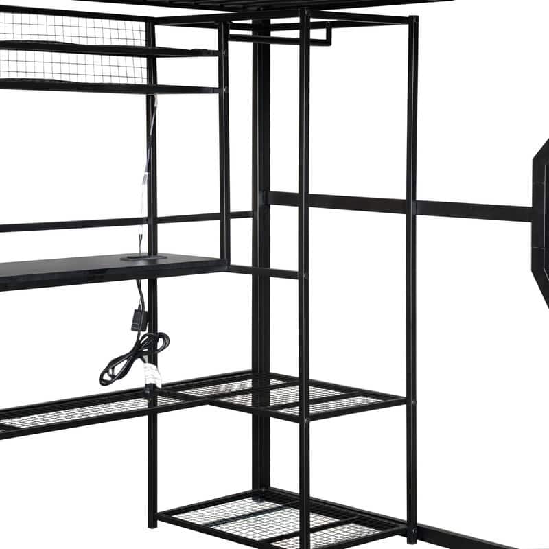 Full Size Metal Gaming Bed with Built-in Desk and LED Light, Storage Loft Bed Frame with Open Wardrobe and Multiple Shelves