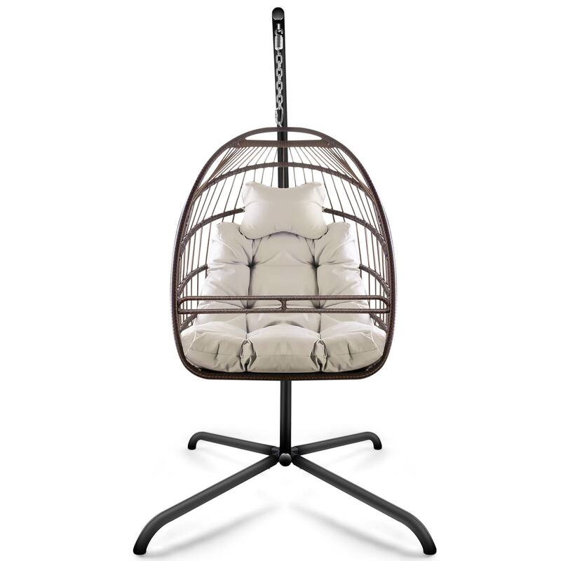 Swing Egg Chair with Cushion and Pillow, Indoor Outdoor Wicker Rattan Patio Basket Hanging Chair with Metal Stand