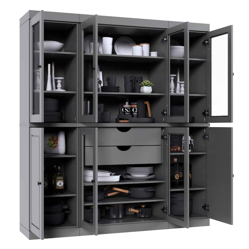 Palace Imports 100% Solid Wood Kitchen China Cabinet Pantry with Glass or Solid Wood Doors and 2-Drawer Kit - 65" x 71.5" - Grey - 6 Clear Glass-2 Solid