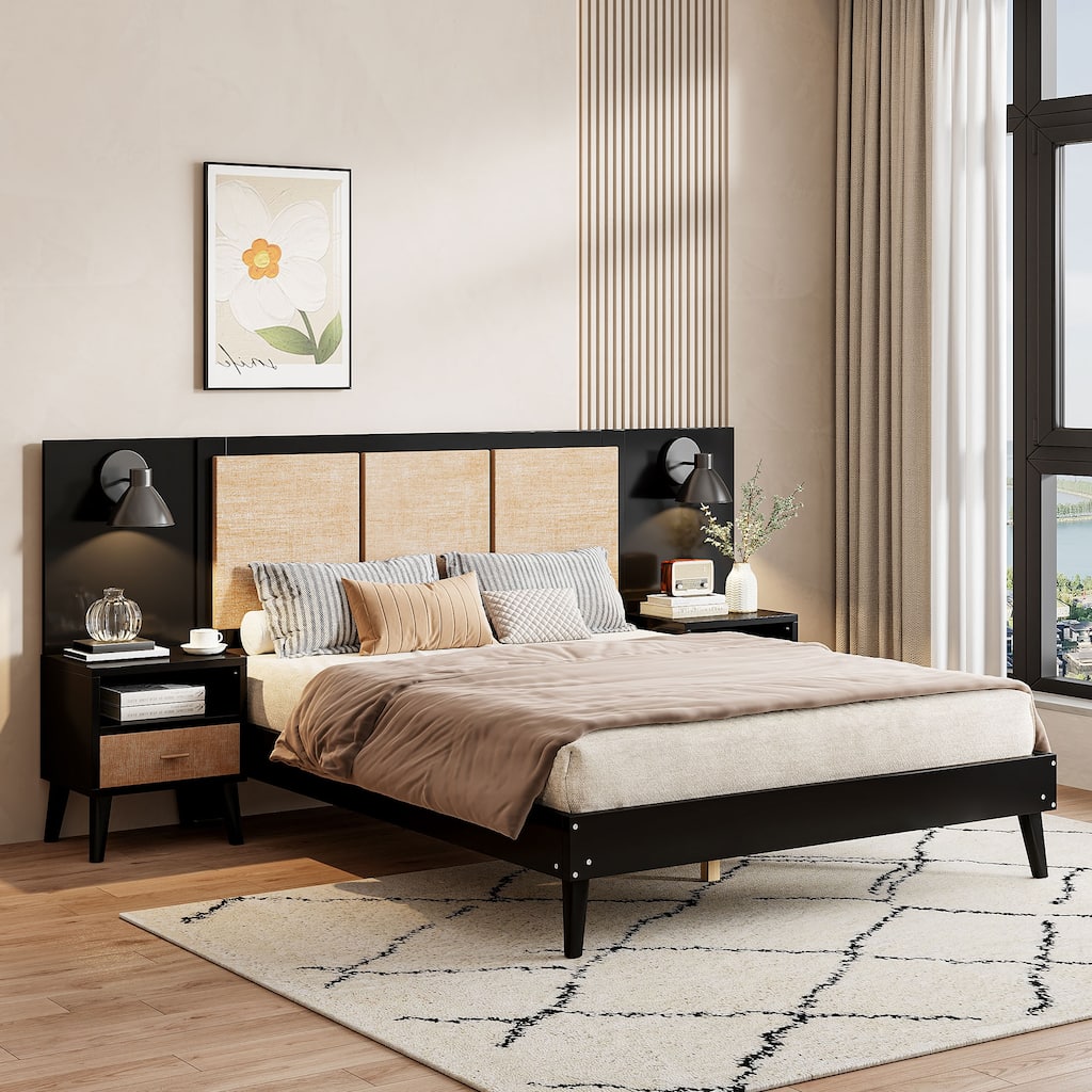 Queen Size Solid Wood Bed Frame with 2 Nightstands, Elegant Design with Lamps, Rattan and Wood Combination