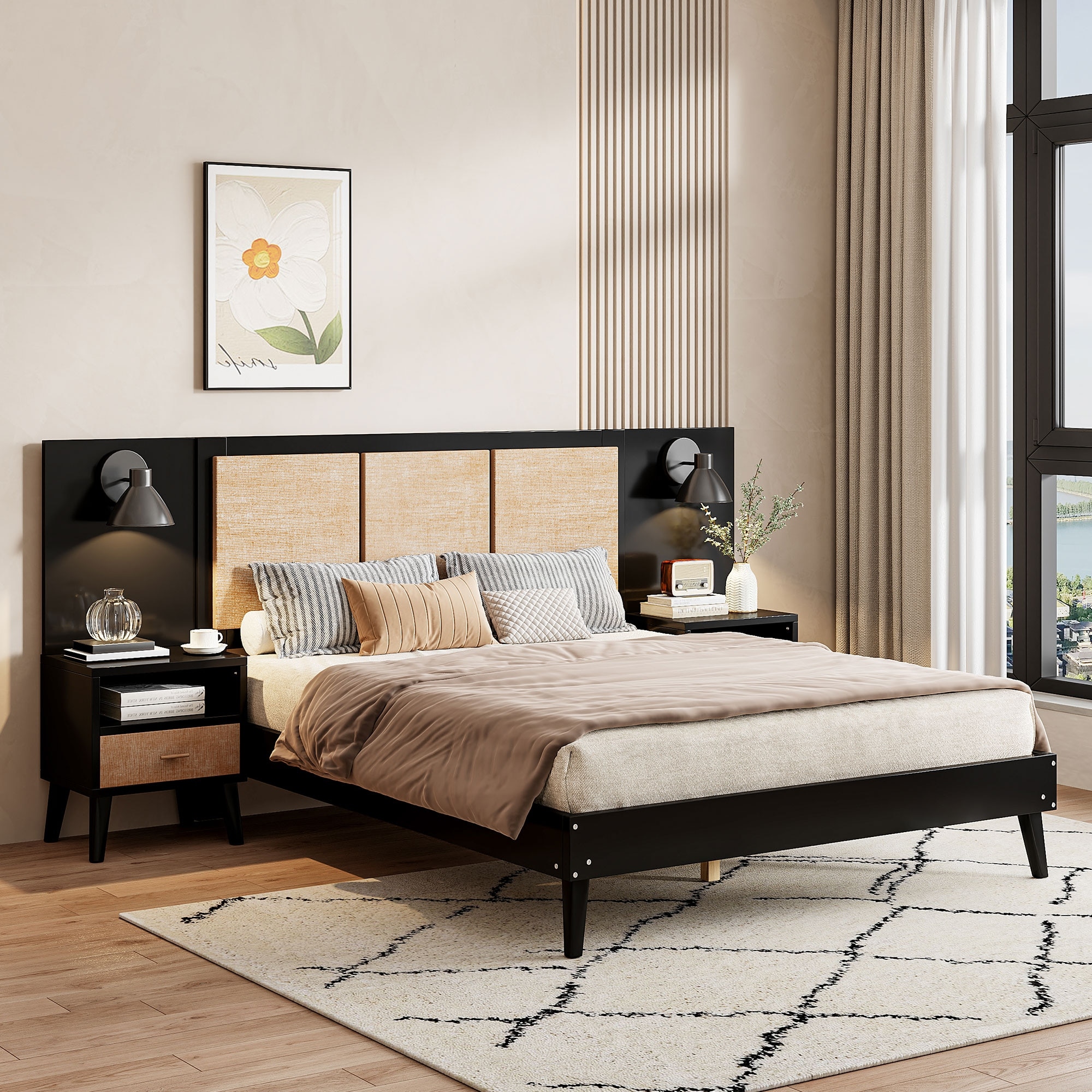 Queen Solid Wood Platform Bed with Nightstands & Headboard Lamps