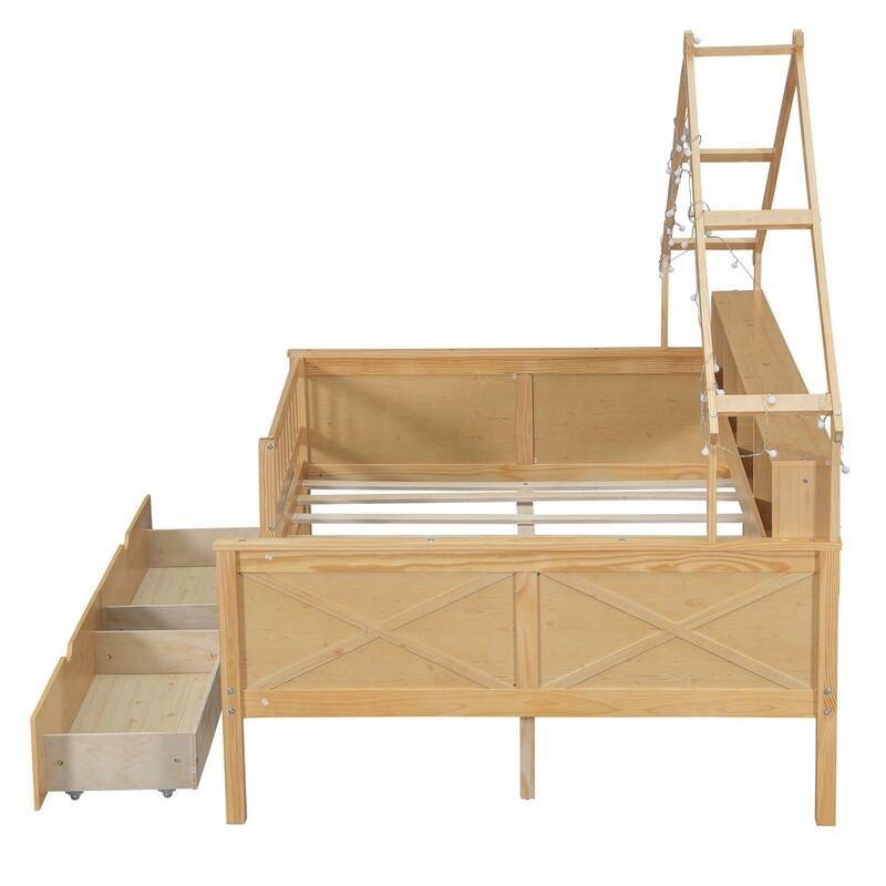 Wooden House Platform Bed with LED Light and 2 Storage Drawers, Full Size Daybed Sofa Bedframe with Storage Shelves & Guardrail