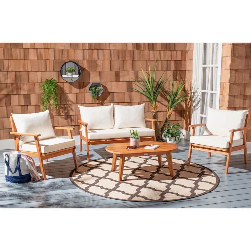 SAFAVIEH Outdoor Patio Furniture Lupe 4-Piece Conversation Set with Oval Slatted Coffee Table - 49W x 31D x 30H