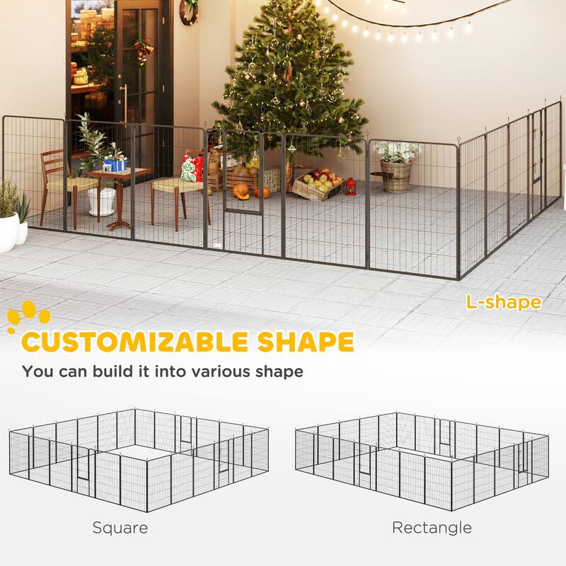 Black Steel 24-Panel Adjustable Pet Playpen with Doors and Ground Stakes - 220.5" L x 157.5" W x 44.5" H