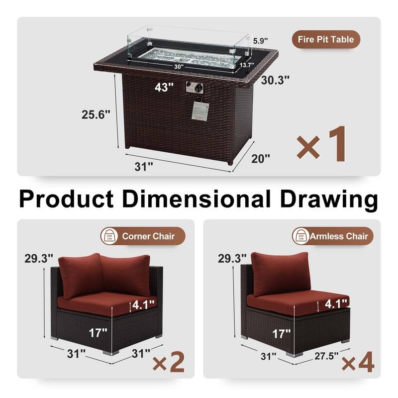 7-Piece Outdoor Deep Seating Sectional Wicker Patio Conversation Set with Fire Pit