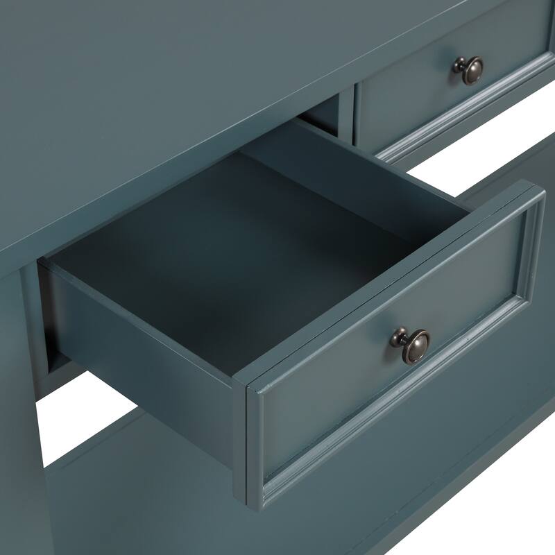 63" Pine Console Table with 4 Drawers & Open Bottom Shelf, Classic Retro Long Entryway Table Sofa Table for Living Room Entryway