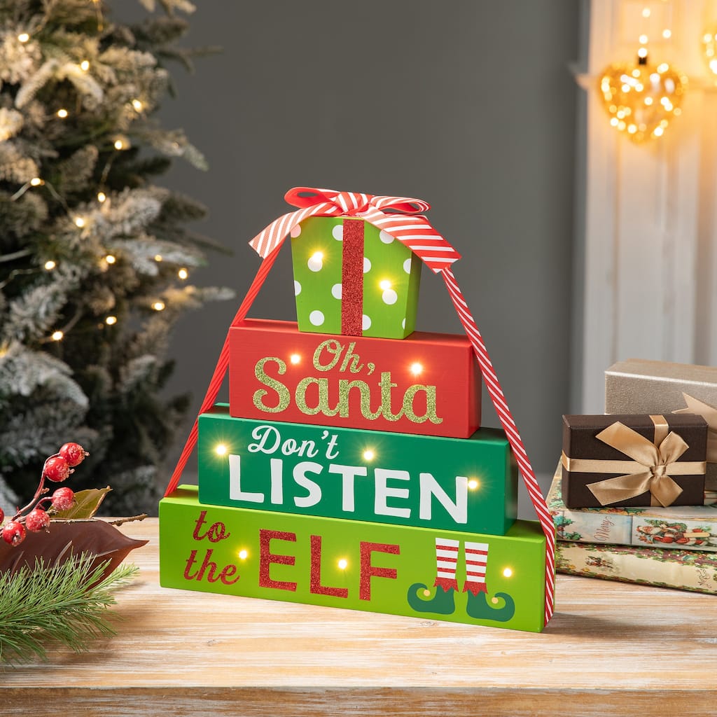 Glitzhome Christmas Table Decor Wooden Signs with Sayings Oh Santa Don’t Listen to the Elf
