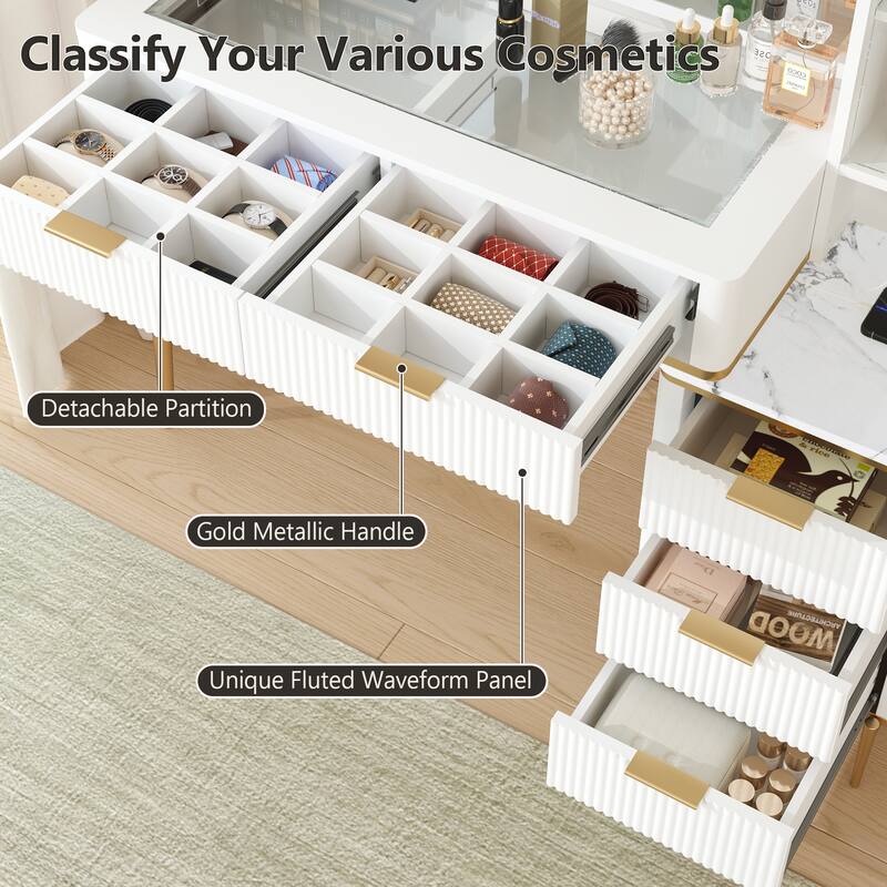 Modern Fluted Makeup Vanity Desk with Lighted Mirror, Dressing Table