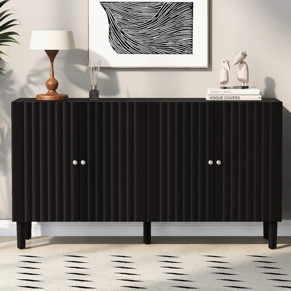 Elegant Four-Door Sideboard with Wavy Pattern Doors, Cylindrical Legs, and Sleek Metal Handles