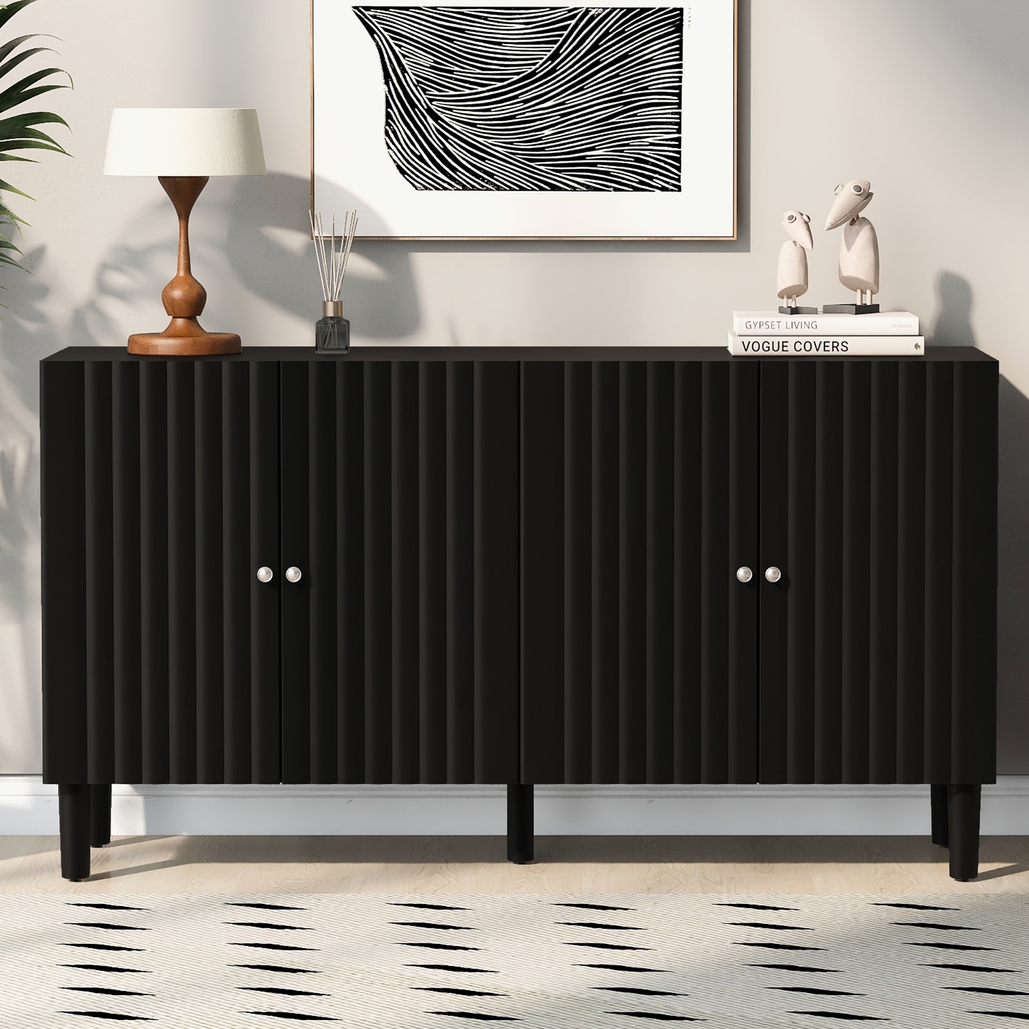 Modern Elegant 4-Door Buffet Cabinet Sideboard with Height Adjustable, for Study, Entryway and Living Room, Black