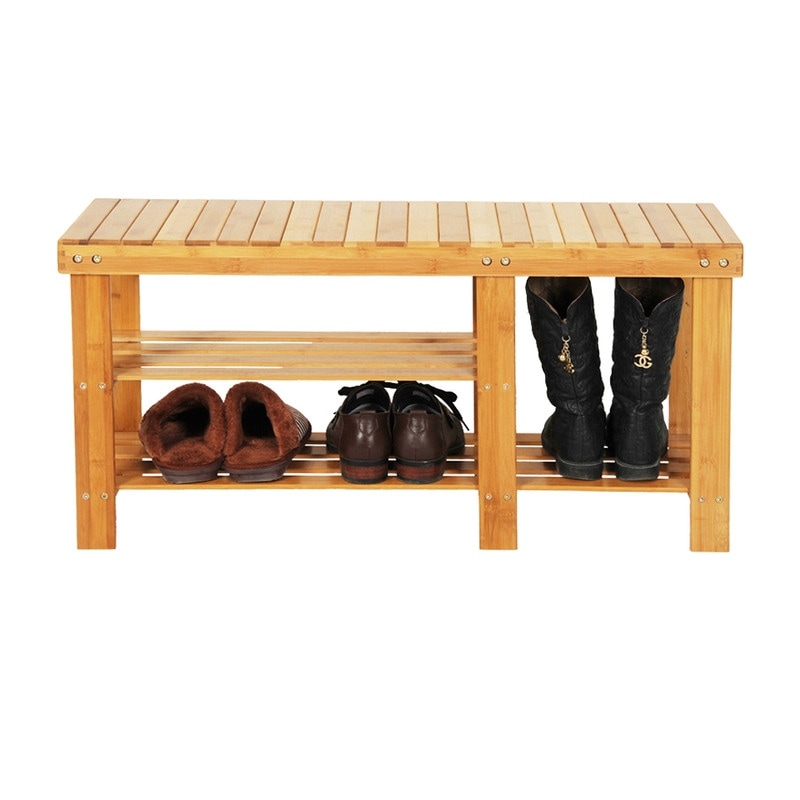 Slatted Bamboo 3-tier Stool Shoe Rack Wood Color On Sale Bed