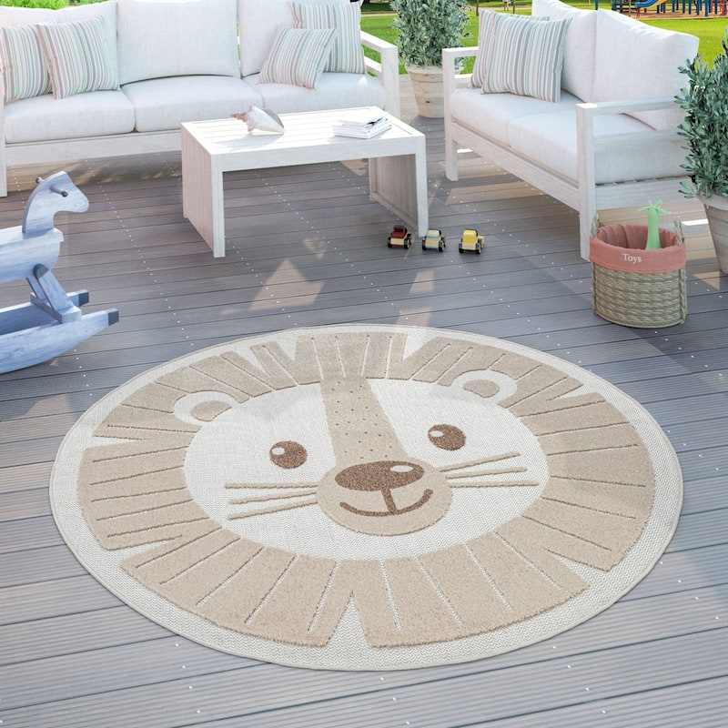 Kids Rug Happy Lion Motif Play-Mat Round with Contour Cut - beige - 5'3" Round
