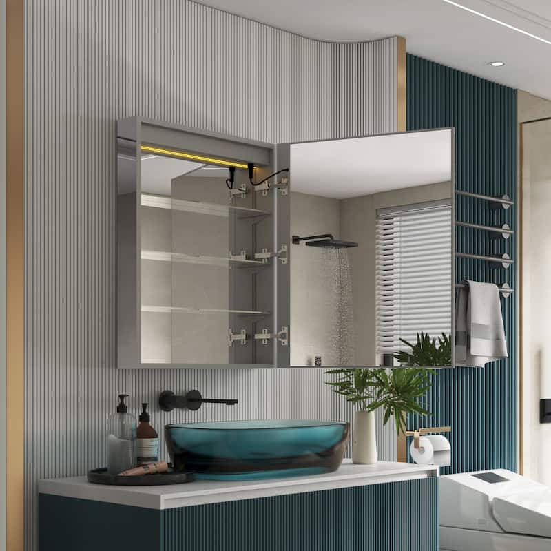 30" H Recessed or Surface LED Mirror Cabinet with Adjustable Glass Shelves,Defogger, Dimmer And Outlets & USB Ports