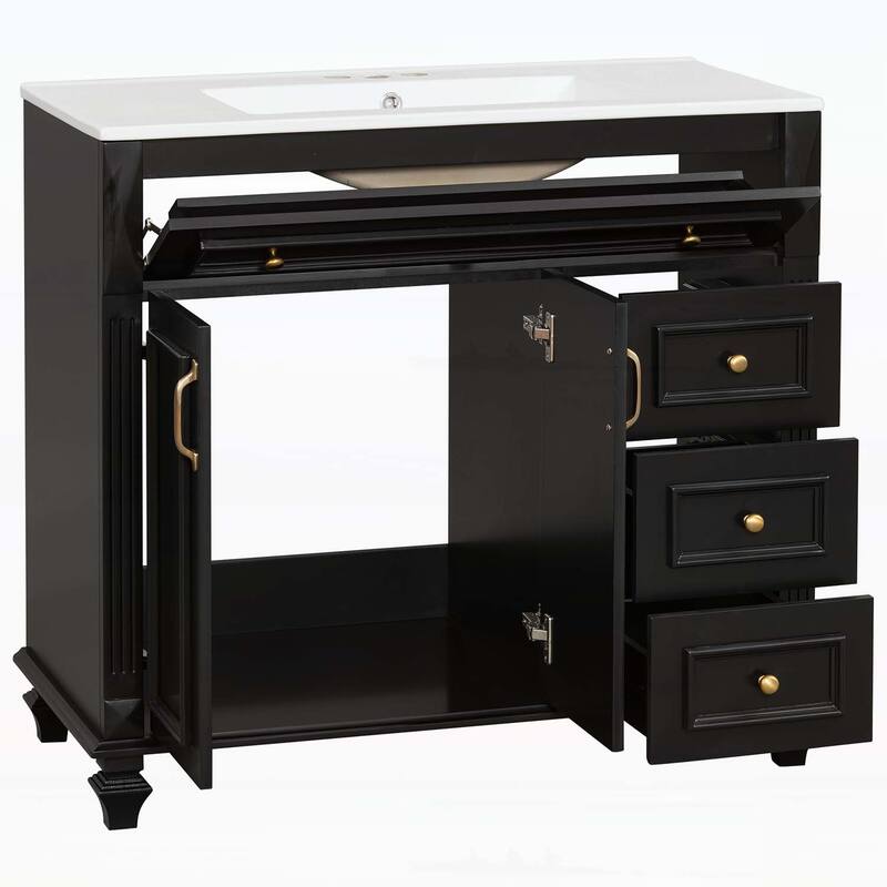 Freestanding Vanity Set with Flip-Out Drawer,3 Drawers,2 Soft-Close Doors