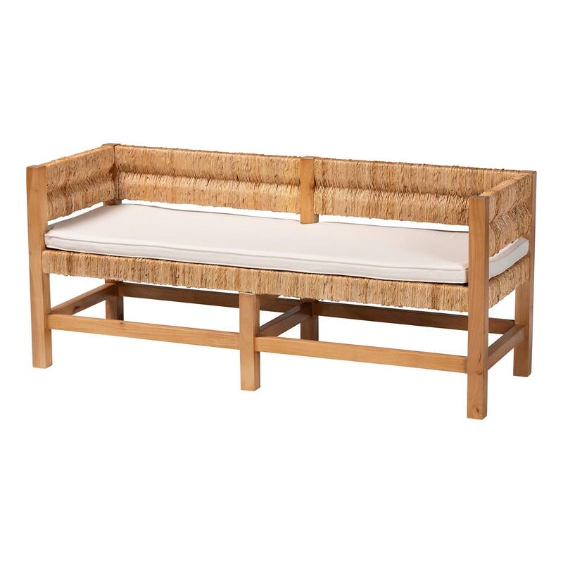 Ismael Accent Bench - Handwoven Seagrass Accent Seating with Mahogany Wood Frame, Raised Back Bench for Entryway or Living Room - Natural Brown