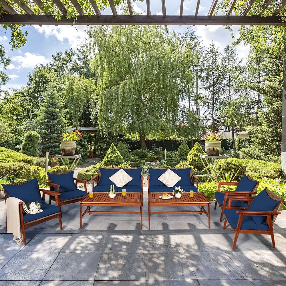 Costway 8PCS Patio Rattan Furniture Set Acacia Wood Frame Cushioned