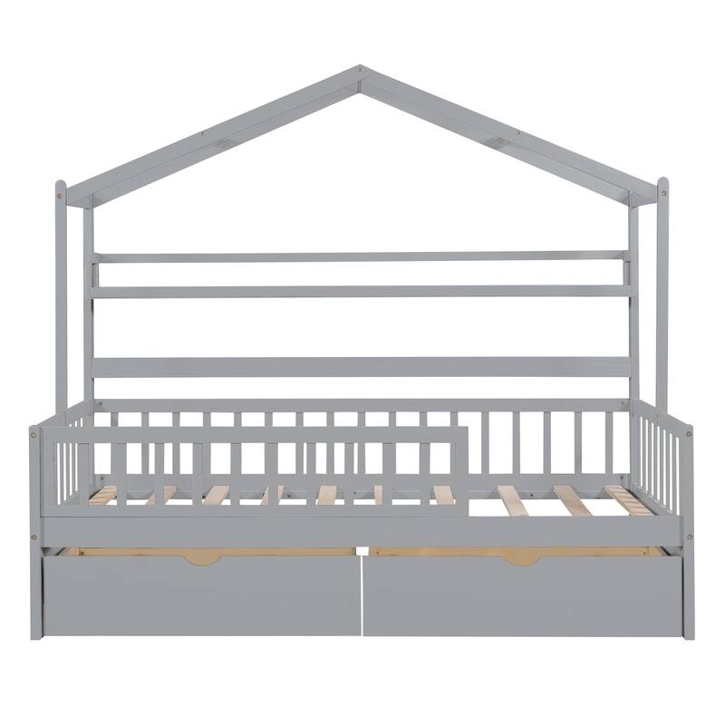 Wood House Bed with 2 Drawers, Kids Bed with Storage Shelf